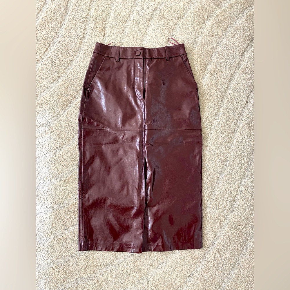 Mango midi burgundy faux leather pencil skirt